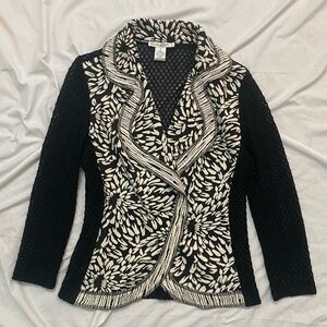 Vintage 90s Y2K Black & White Knit Floral Patterned Blazer Jacket Downtown Girl